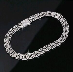 Elegant Iced Out Fully Rhinestone Figaro H-shape Silver Chain Necklace 18"